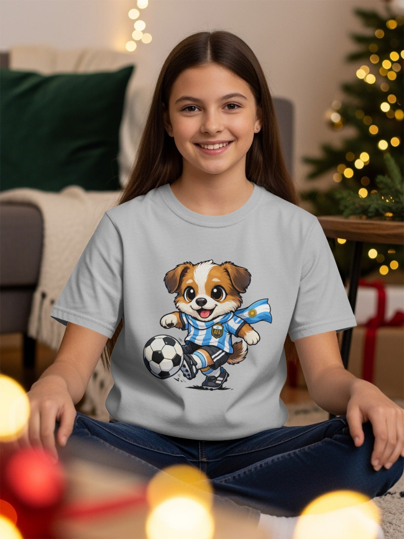 Cartoon dog in Argentina soccer jersey kicking a ball on a gray t-shirt.