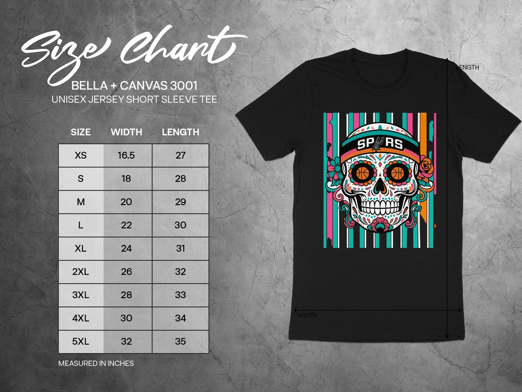 Size chart for Bella + Canvas 3001 unisex tee with sugar skull graphic and "SPURS" text.