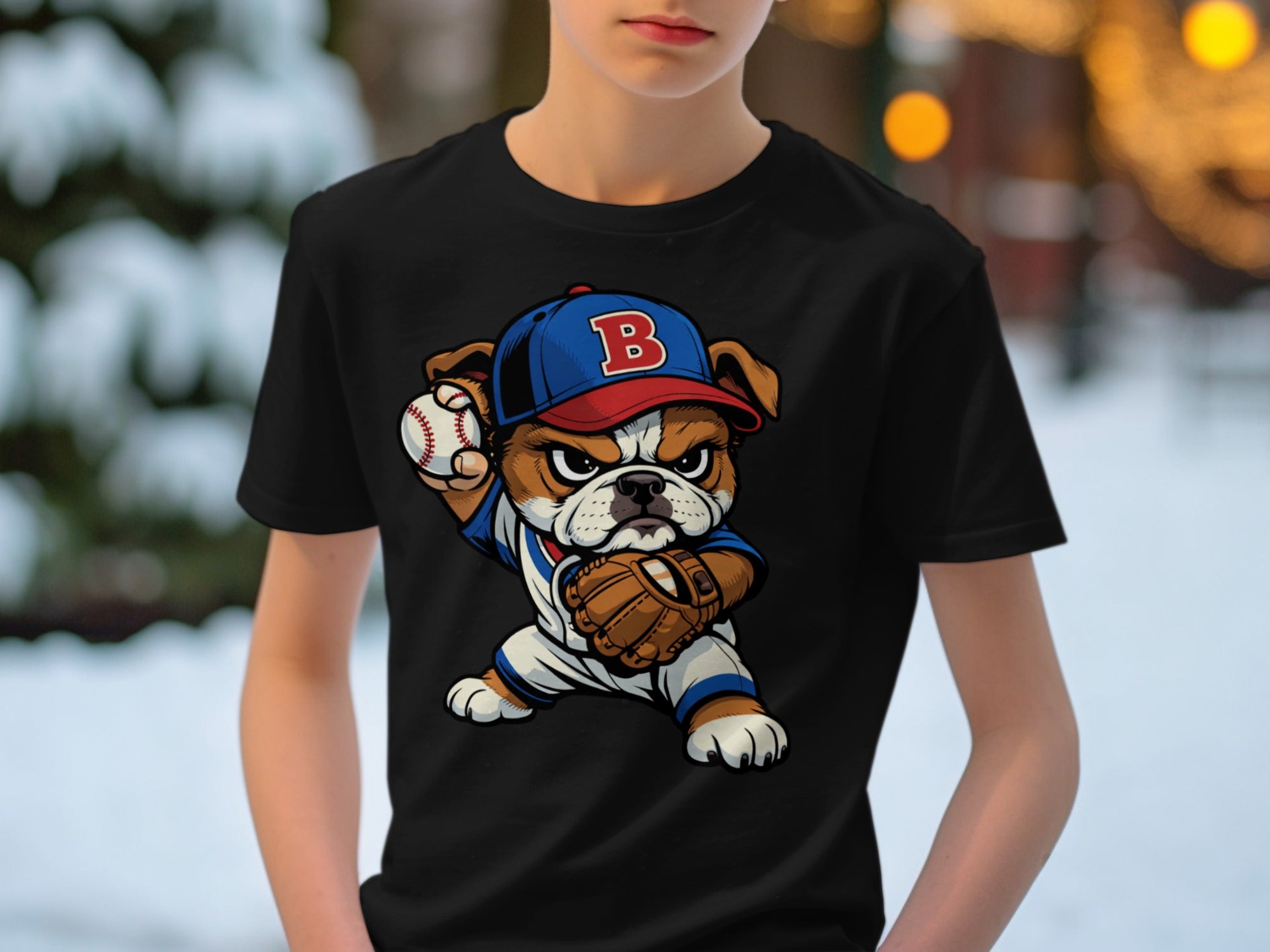 Bulldog baseball player wearing a cap with a "B" holds a baseball and glove.