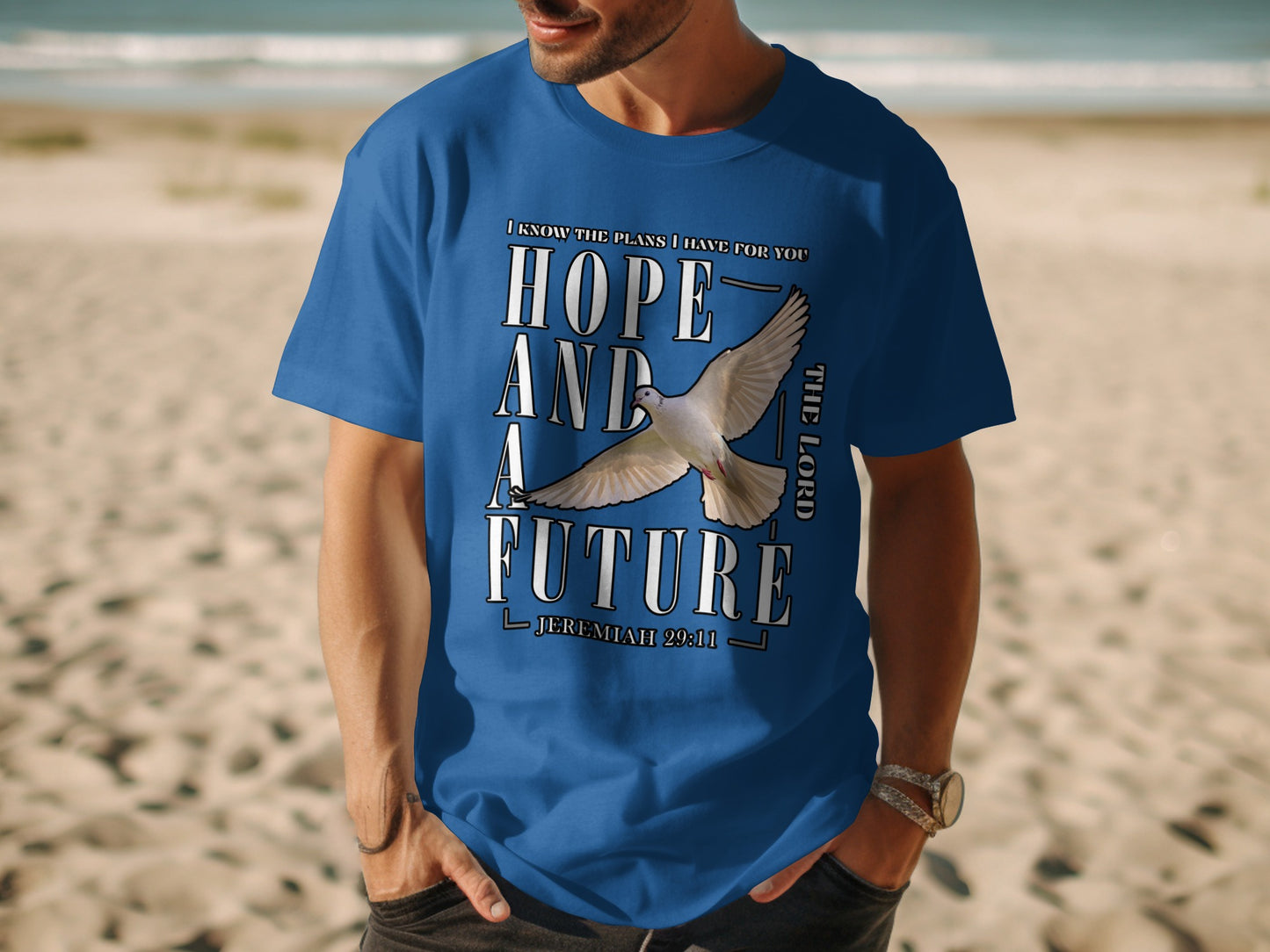 Blue t-shirt with text "Hope and a Future" and a dove, Jeremiah 29:11.