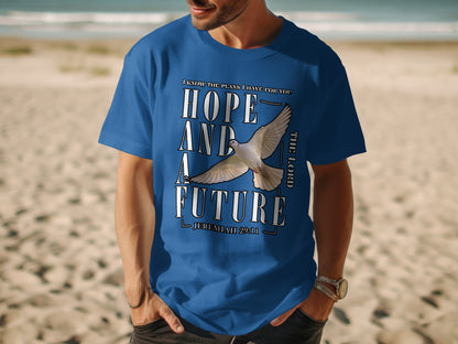 Blue t-shirt with text "Hope and a Future" and a dove, Jeremiah 29:11.