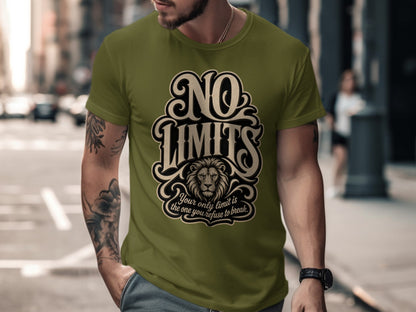 Olive t-shirt with "NO LIMITS" text, lion graphic, and quote.