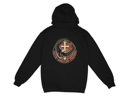 Black hoodie with eagle, cross, and "Faith Discipline Purpose" emblem.