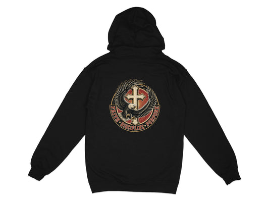Black hoodie with eagle, cross, and "Faith Discipline Purpose" emblem.