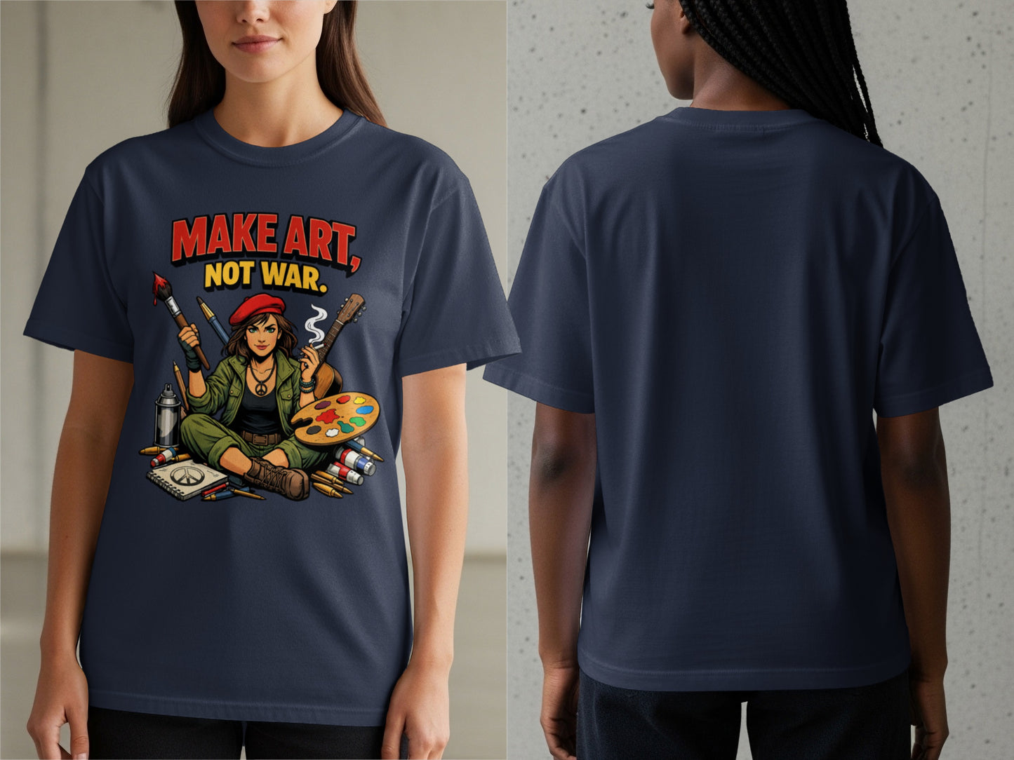 Navy t-shirt with "MAKE ART, NOT WAR" graphic depicting an artist with art supplies.