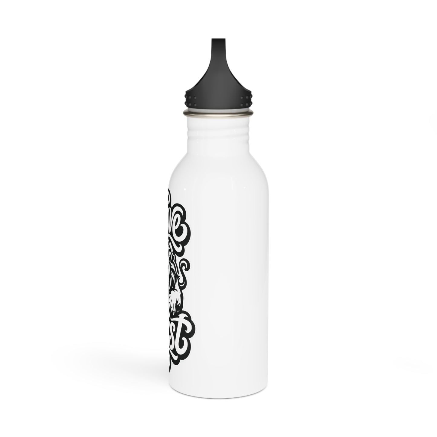 White stainless steel bottle with black lid featuring stylized black text and an animal design.