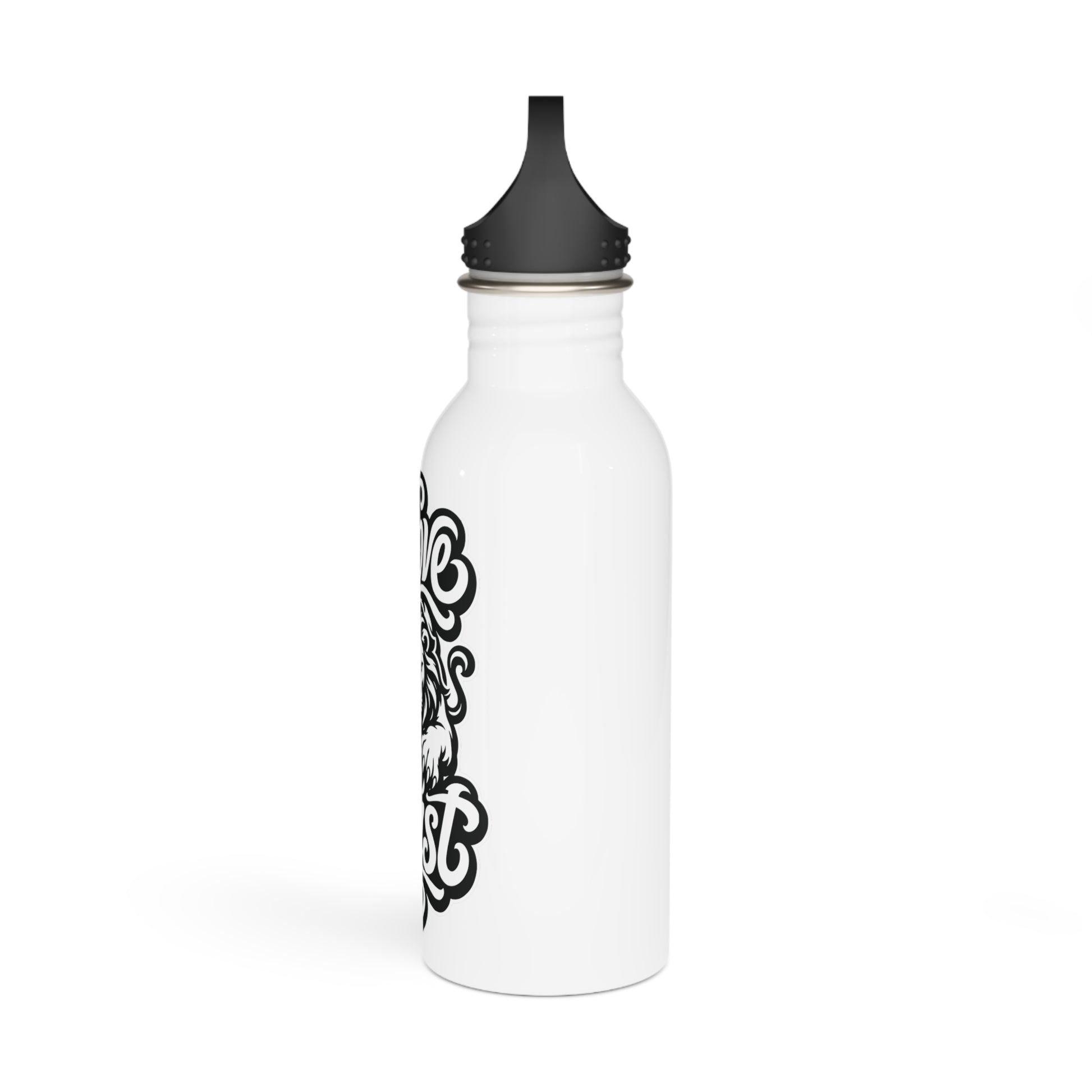 White stainless steel bottle with black lid featuring stylized black text and an animal design.
