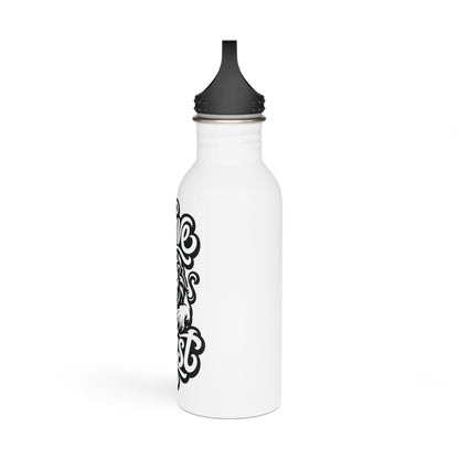 White stainless steel bottle with black lid featuring stylized black text and an animal design.