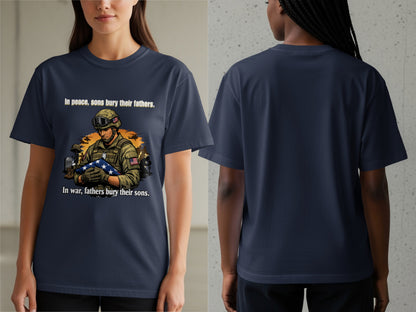 Soldier holding flag with text "In peace, sons bury their fathers. In war, fathers bury their sons."