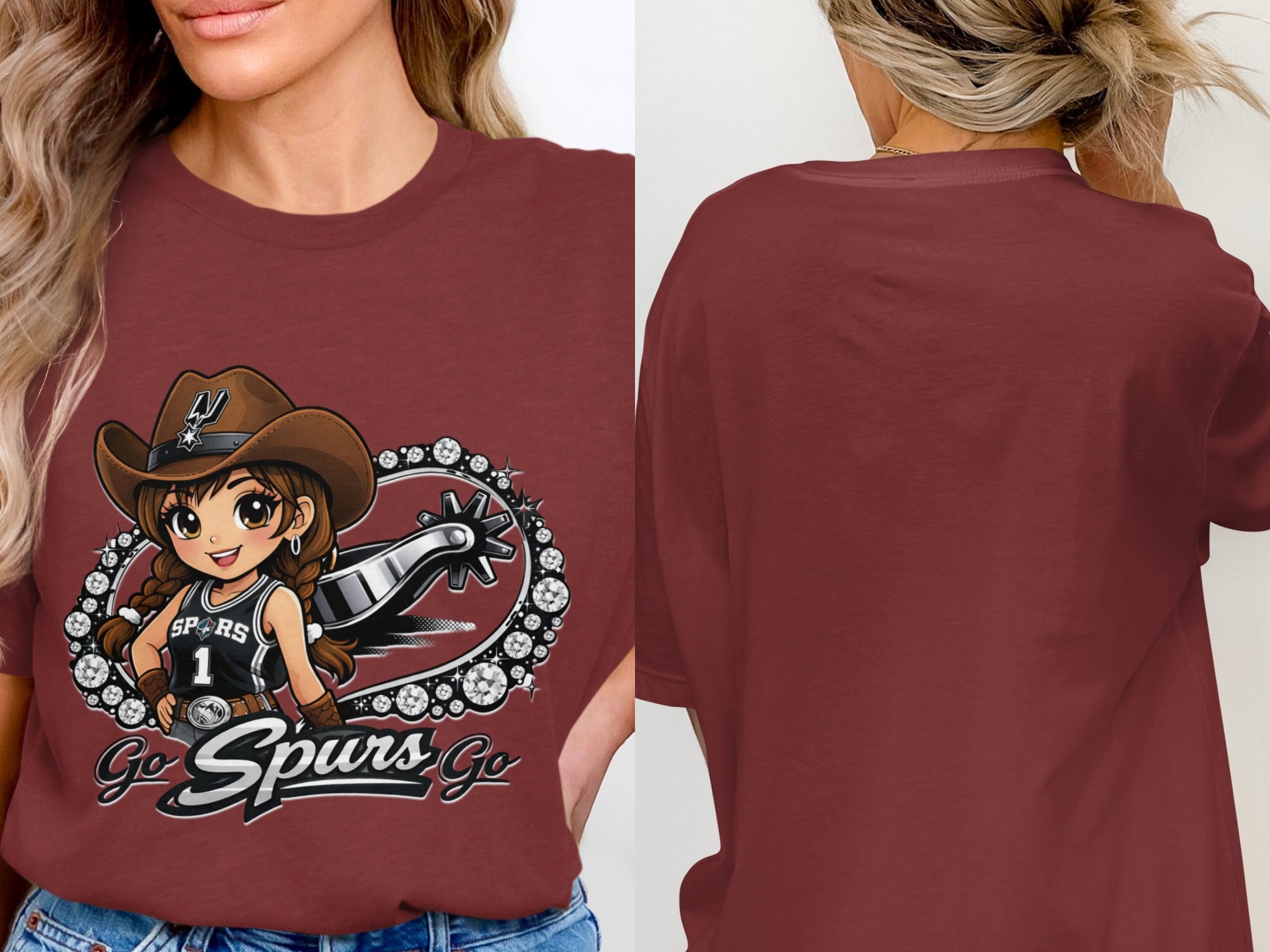 Chibi cowgirl with "Go Spurs Go" text and a spur on a maroon t-shirt.