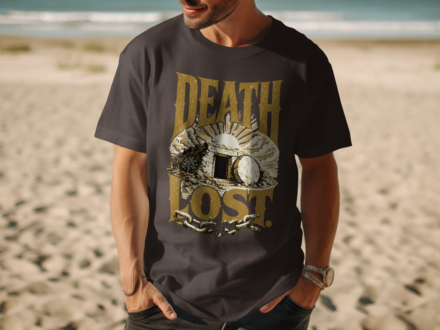 T-shirt with "DEATH LOST" graphic featuring tomb and broken chains.