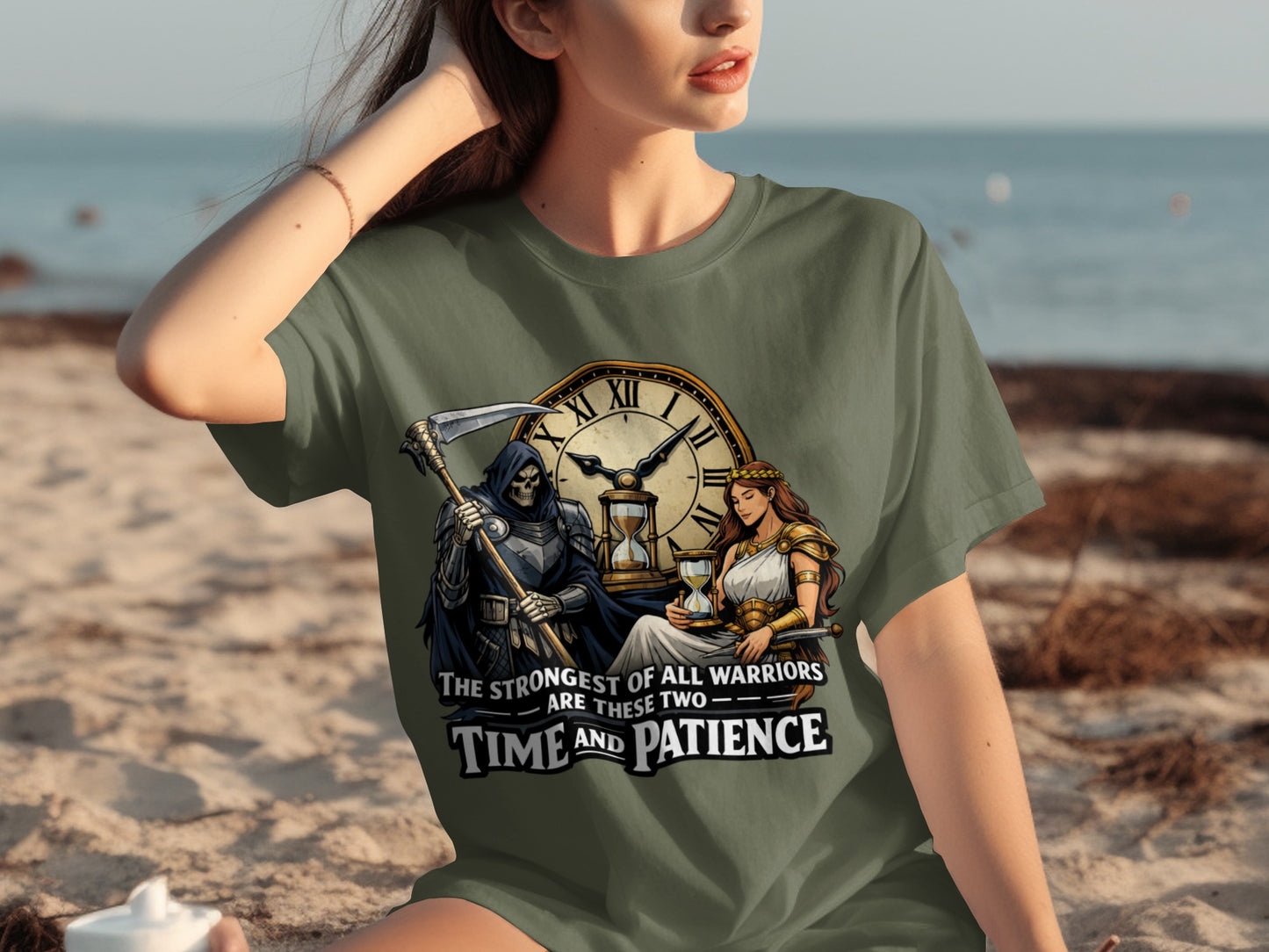 Grim reaper and woman with clock and hourglass graphic on t-shirt.