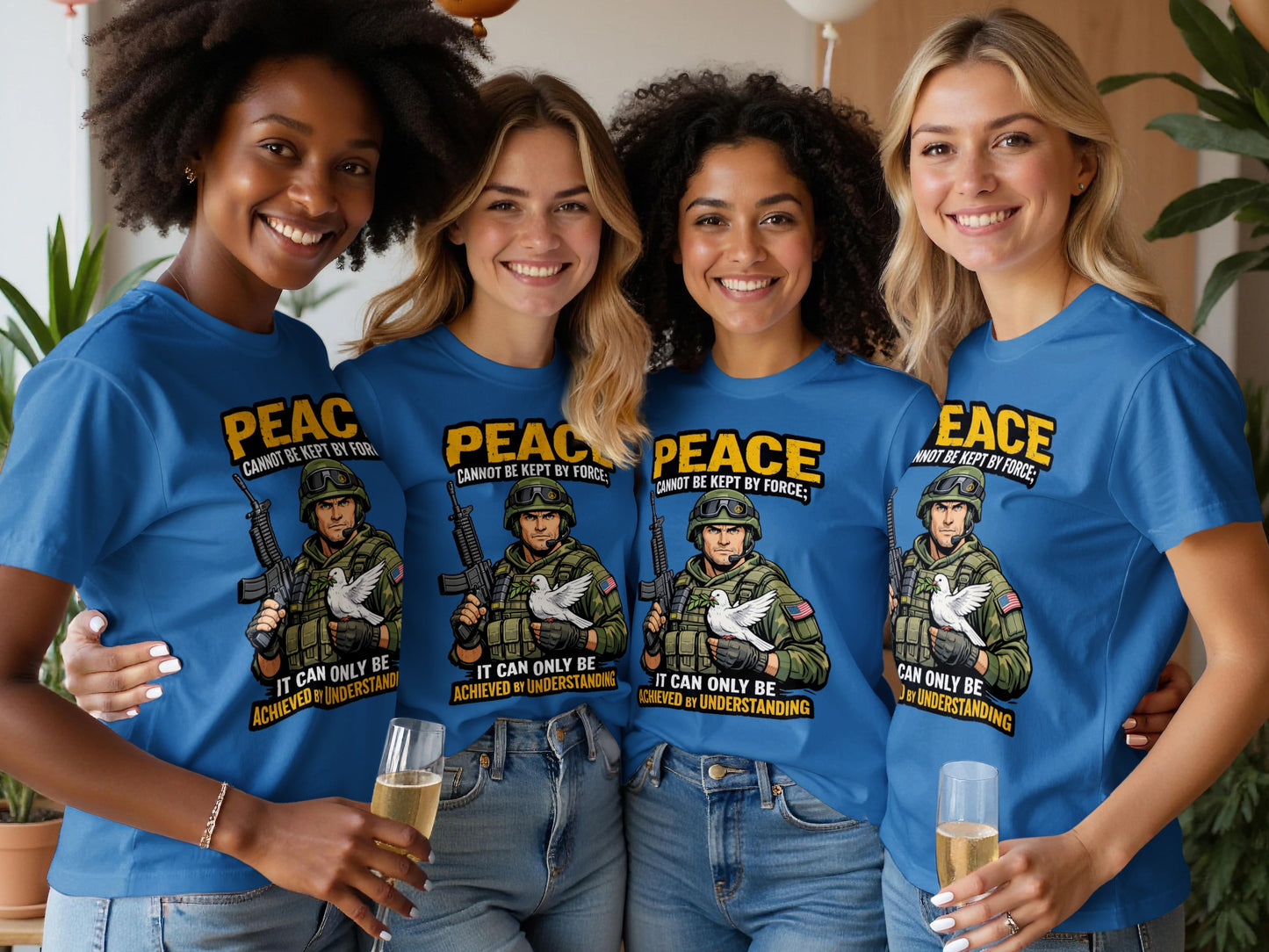Four women in blue shirts featuring a soldier and doves, holding champagne.