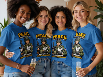 Four women in blue shirts featuring a soldier and doves, holding champagne.