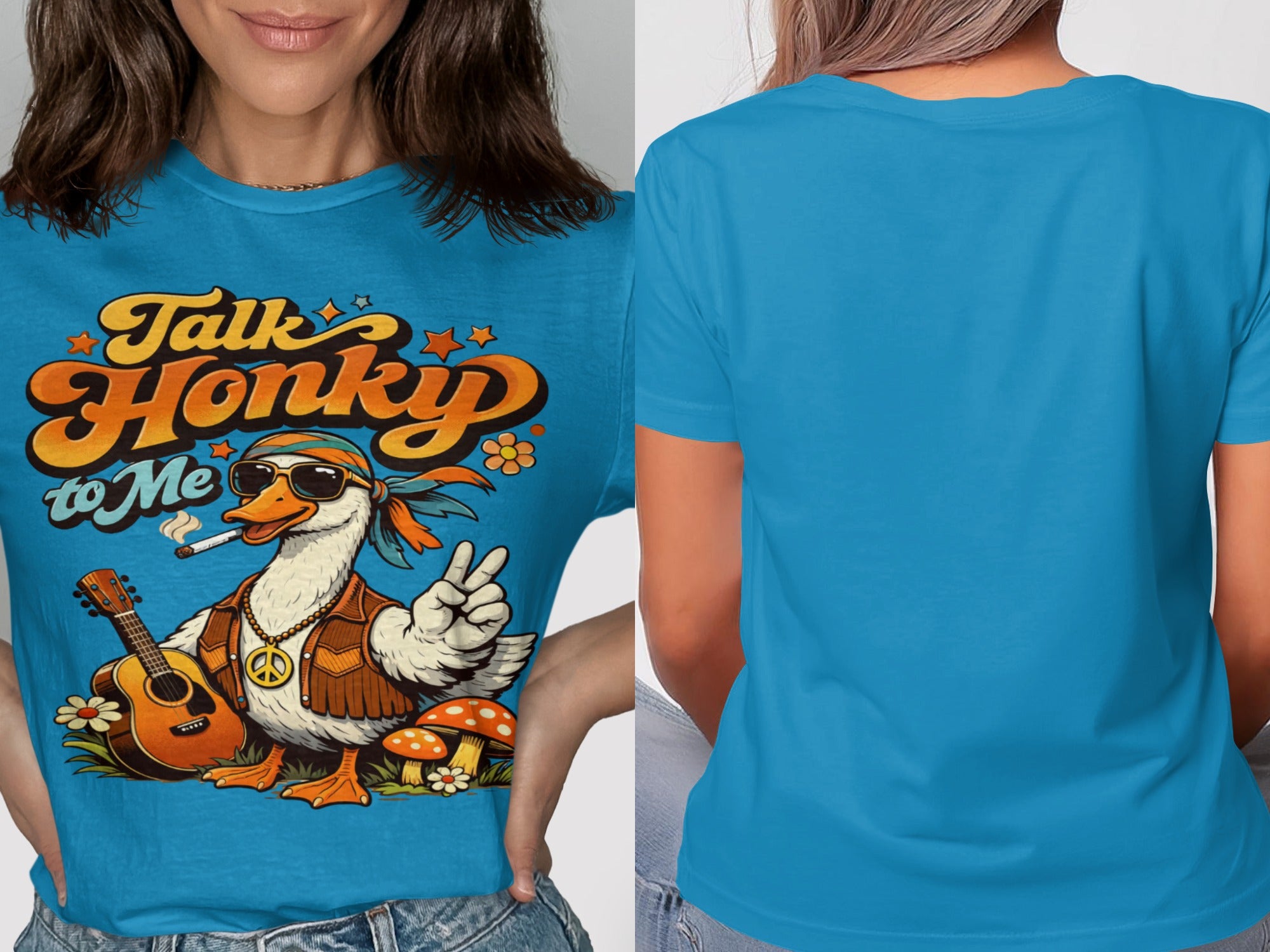 Blue t-shirt with groovy duck, guitar, and "Talk Honky to Me" text.