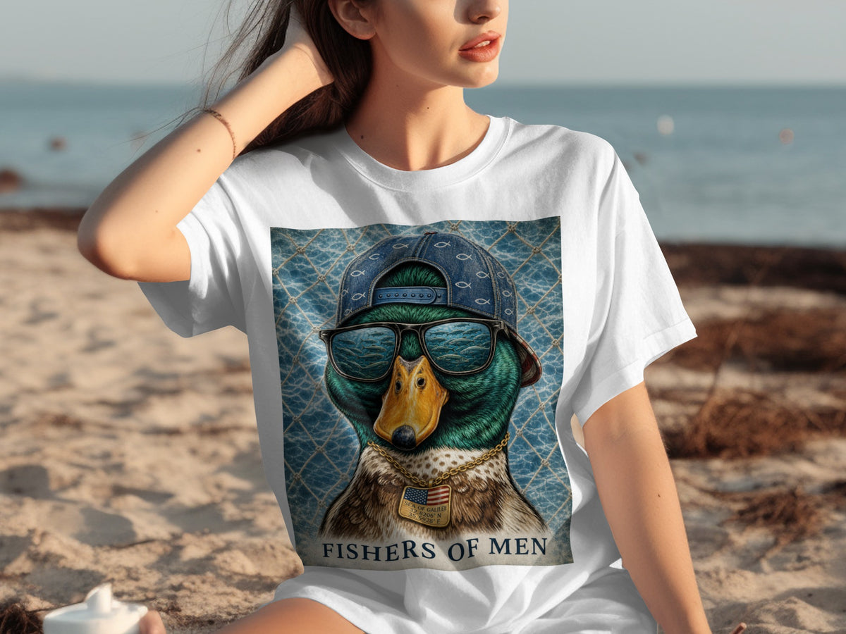 T-shirt with a graphic of a cool duck wearing a baseball cap and sunglasses, with "FISHERS OF MEN" text.