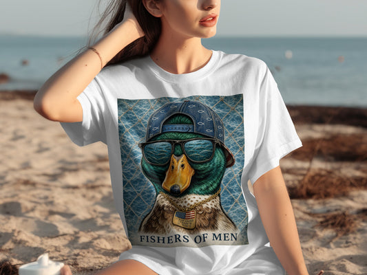 T-shirt with a graphic of a cool duck wearing a baseball cap and sunglasses, with "FISHERS OF MEN" text.