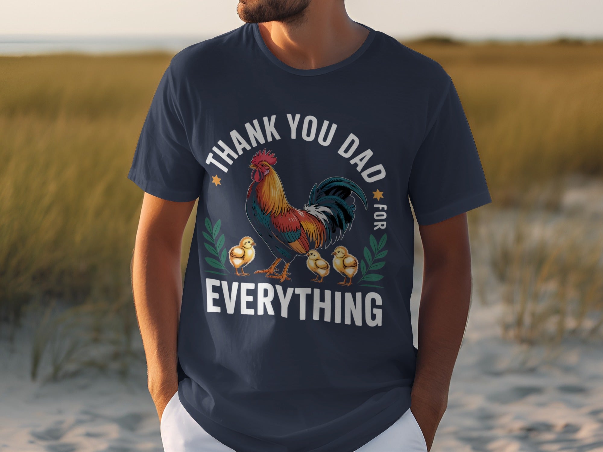 Navy t-shirt with rooster and chicks graphic and text "Thank You Dad For Everything".