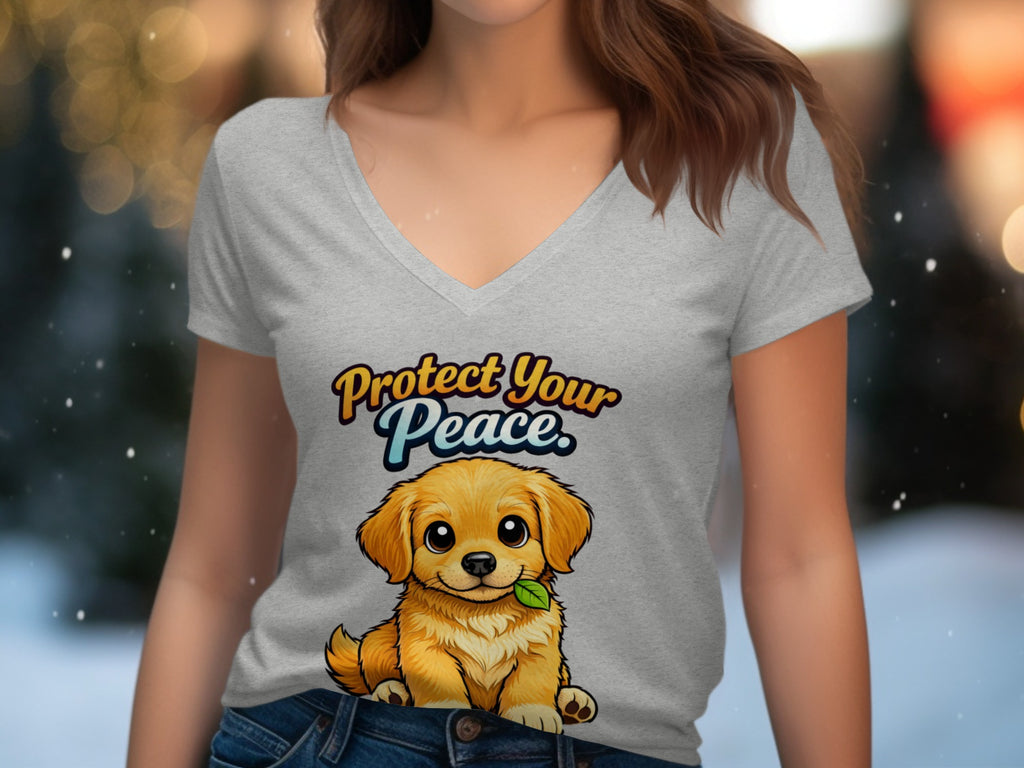 Gray v-neck t-shirt with a cartoon puppy and "Protect Your Peace" text.