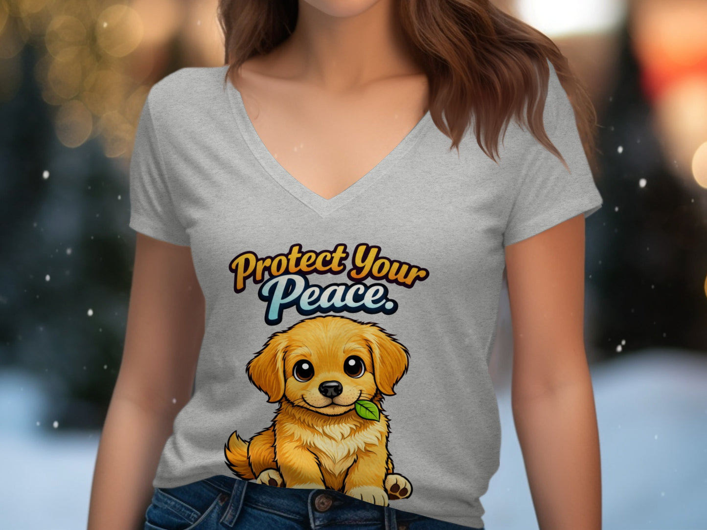 Gray v-neck t-shirt with a cartoon puppy and "Protect Your Peace" text.