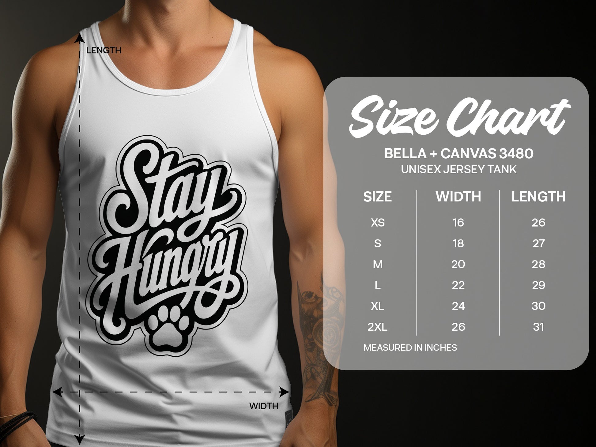 White unisex tank top with "Stay Hungry" text and paw print graphic, shown with size chart.
