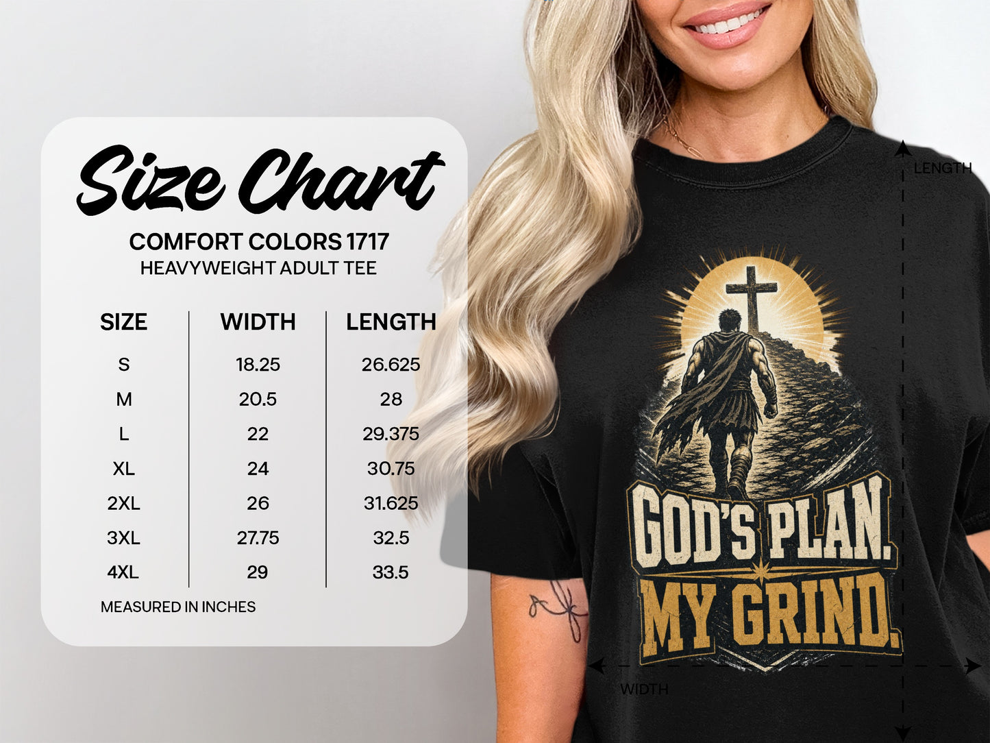Size chart for Comfort Colors 1717 heavyweight adult tee with chest width and length measurements.