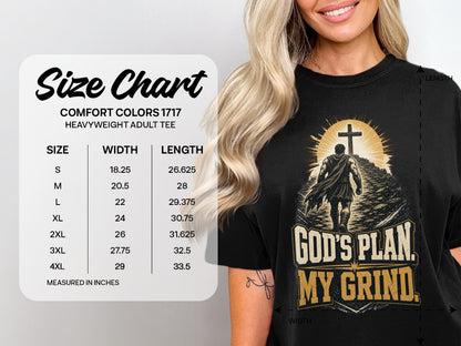 Size chart for Comfort Colors 1717 heavyweight adult tee with chest width and length measurements.