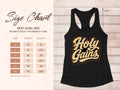 Women's racerback tank size chart with "Holy Gains" graphic.