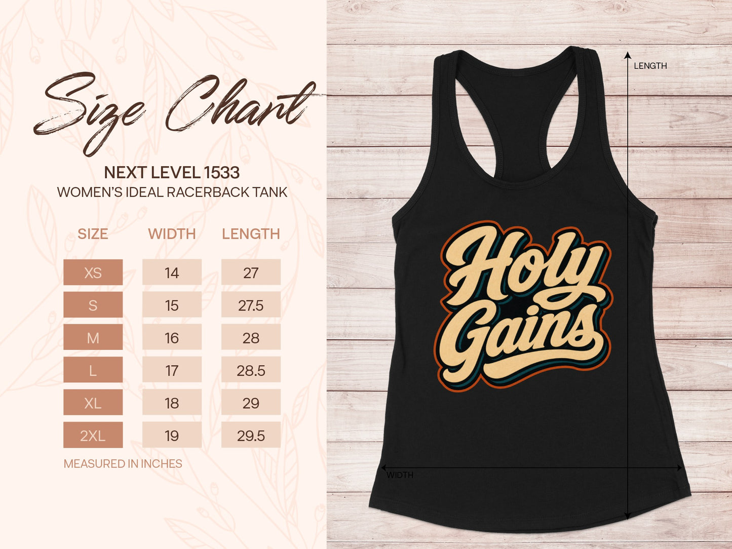 Women's racerback tank size chart with "Holy Gains" graphic.