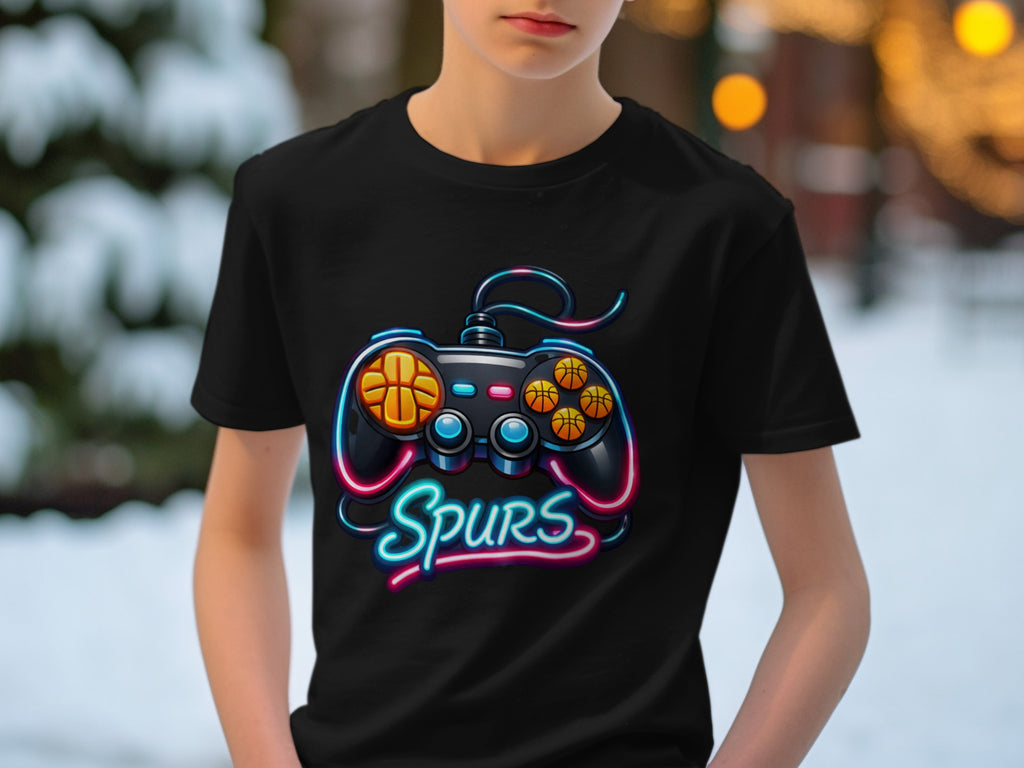 Black t-shirt with retro neon gamepad graphic and "Spurs" text.