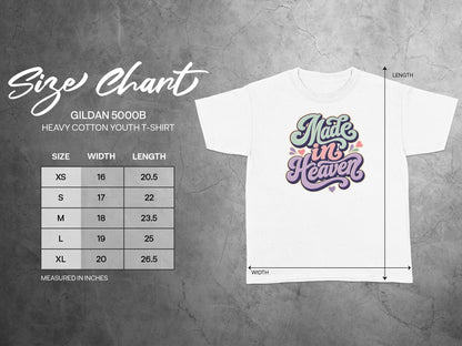 Gildan 5000B youth t-shirt size chart with width and length measurements in inches.