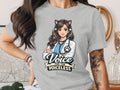 T-shirt graphic of a veterinarian with cat ears, stethoscope, and paw print, reading "Voice for the Voiceless".