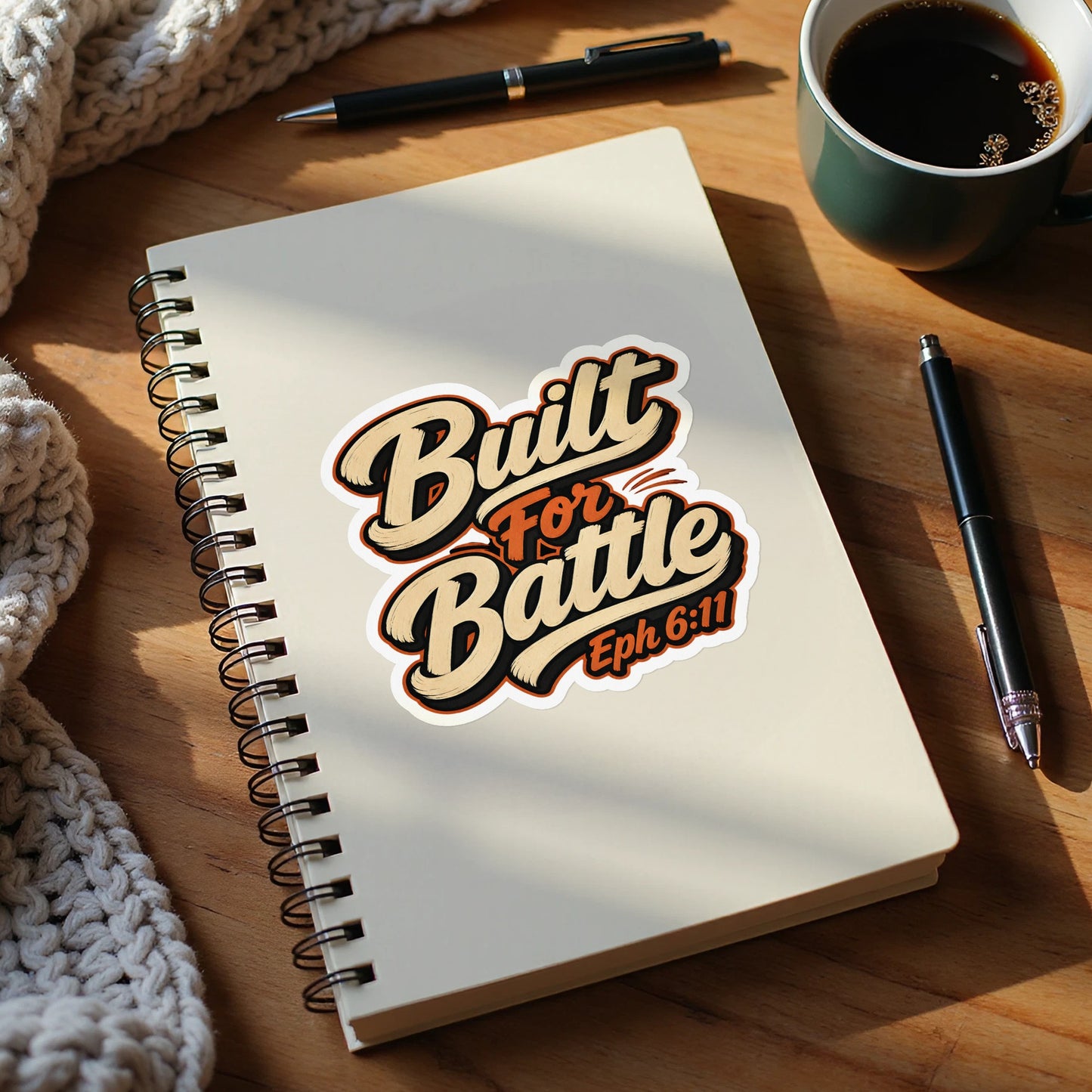 Sticker with "Built For Battle Eph 6:11" text on a notebook.
