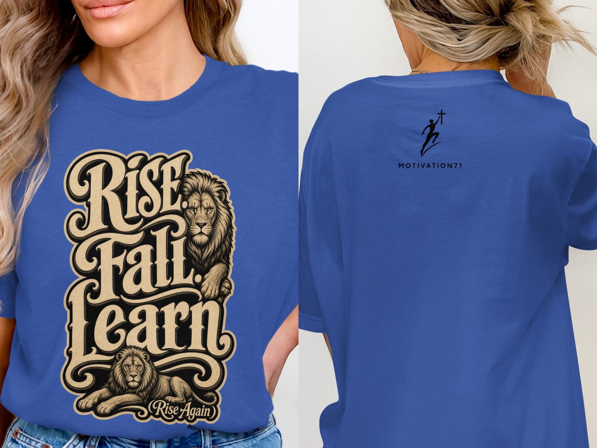 Blue t-shirt with "Rise Fall Learn" text and lion graphics on front, cross and runner graphic on back.