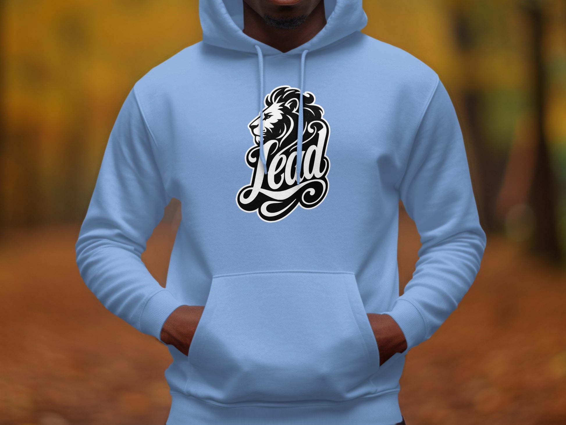 Light blue hoodie with lion head and "Lead" text graphic on chest.