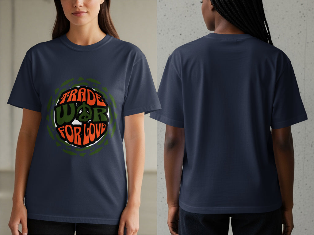 Navy t-shirt with "Trade War For Love" text and peace symbol graphic.