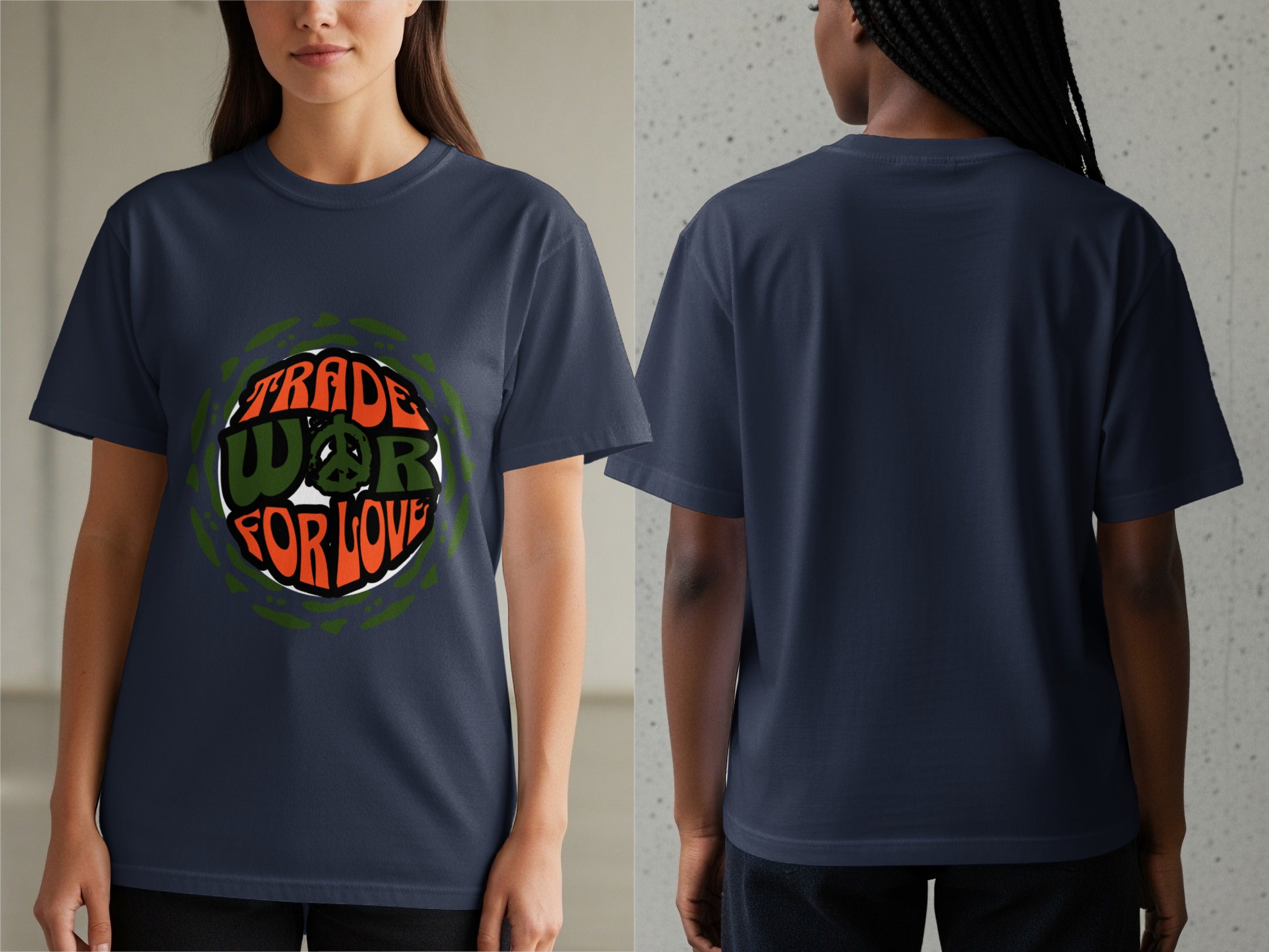 Navy t-shirt with "Trade War For Love" text and peace symbol graphic.