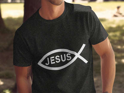 Dark t-shirt with white Ichthys fish symbol and "JESUS" text.
