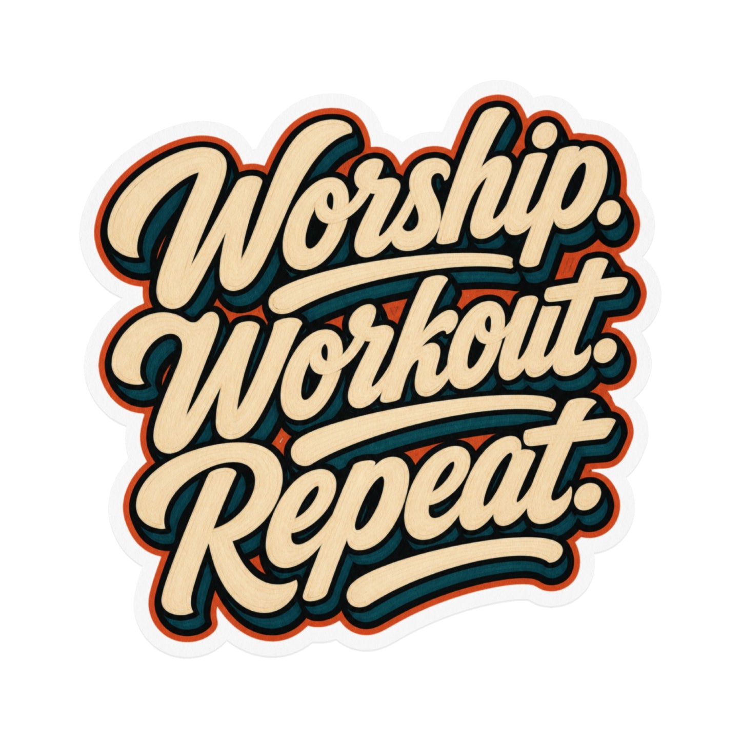 Worship. Workout. Repeat. text design in retro layered font style.