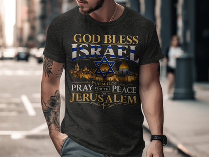 T-shirt with text "God Bless Israel" and "Pray for the Peace of Jerusalem".