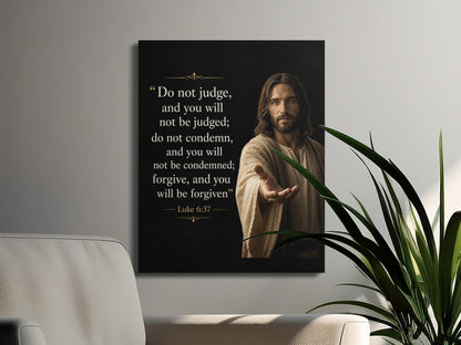 Jesus with outstretched hand, "Do not judge" quote from Luke 6:37.
