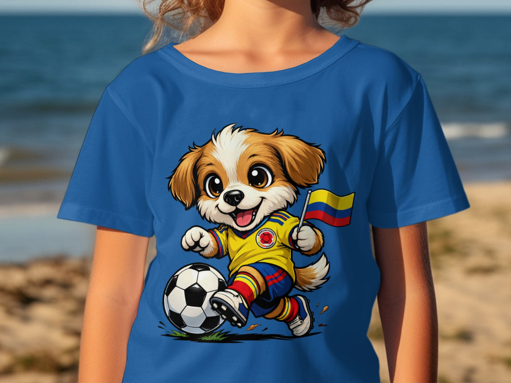 Cartoon dog in Colombian soccer uniform playing with a ball, holding a flag.