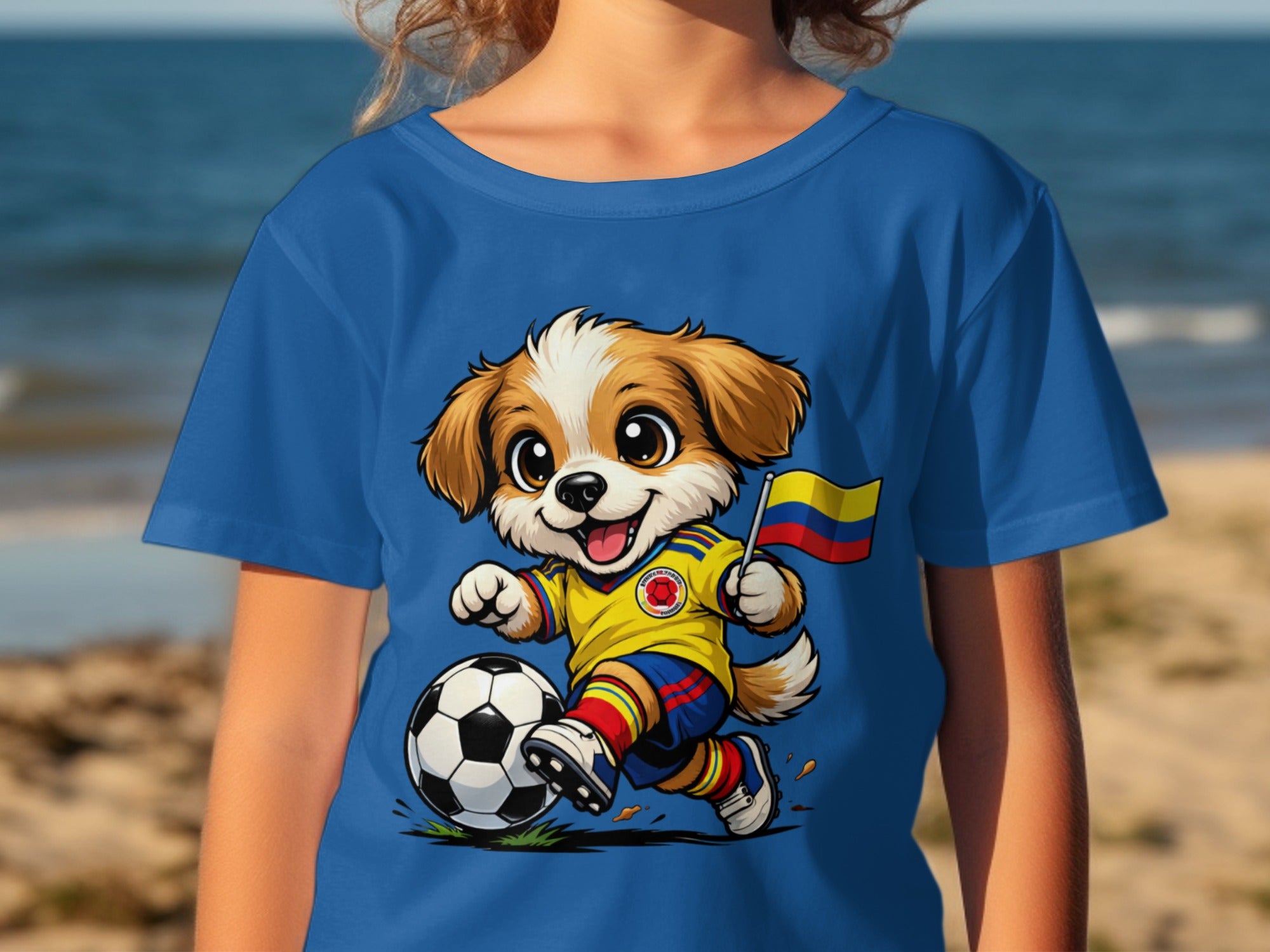 Cartoon dog in Colombian soccer uniform playing with a ball, holding a flag.