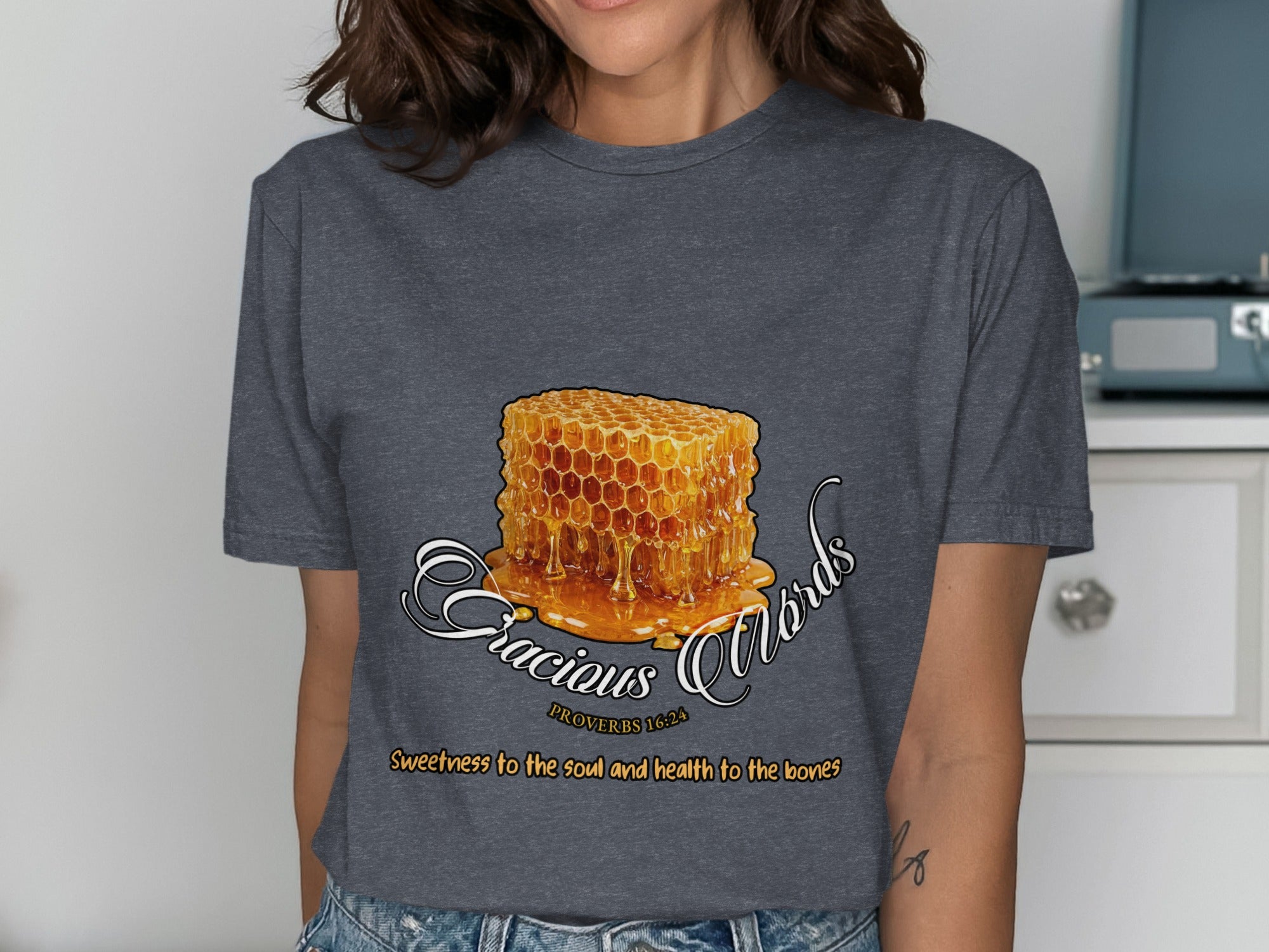 Honeycomb illustration with "Gracious Words" and "Proverbs 16:24" text.