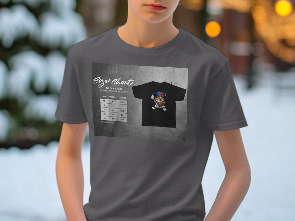 Youth t-shirt with bulldog graphic and size chart referencing Gildan 5000B.