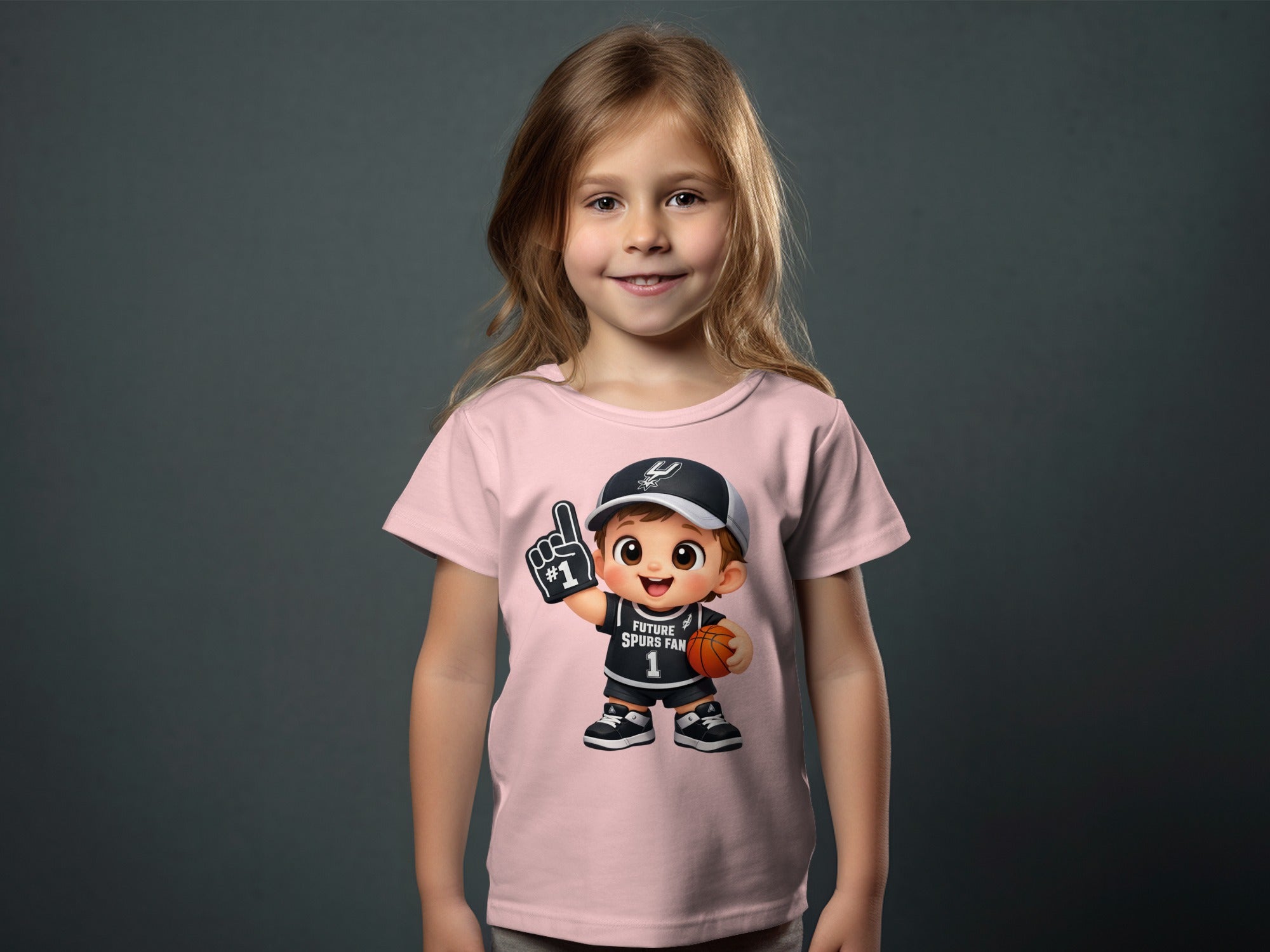 Pink t-shirt with a cartoon boy wearing a black jersey that says "FUTURE SPURS FAN".