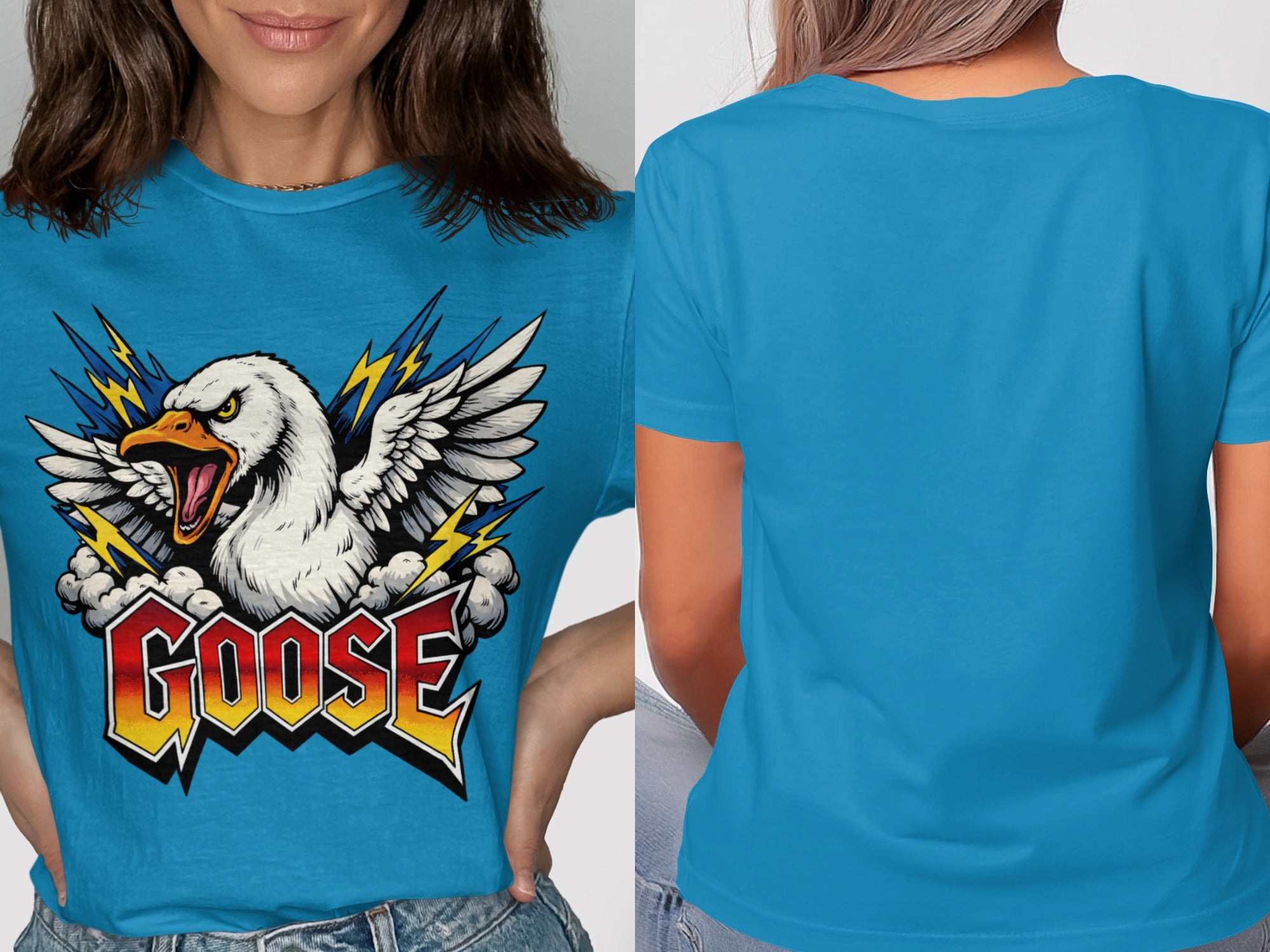 Blue t-shirt with a winged goose graphic and the word "GOOSE"