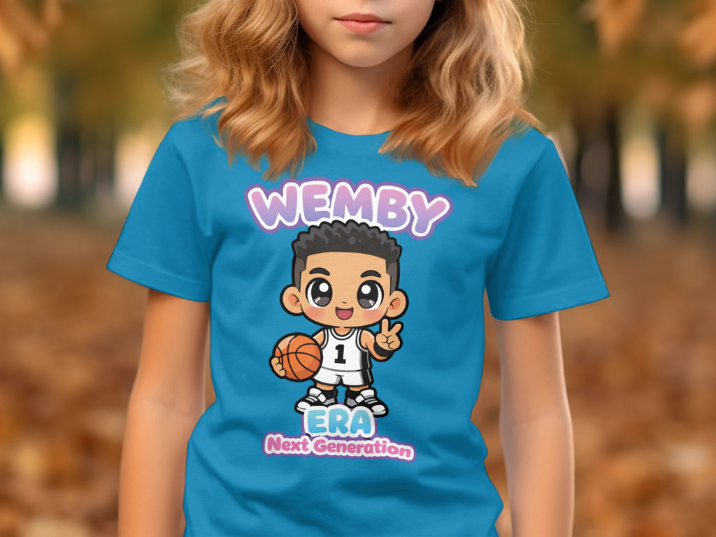 Chibi basketball player graphic on a blue t-shirt with "Wemby ERA Next Generation" text.