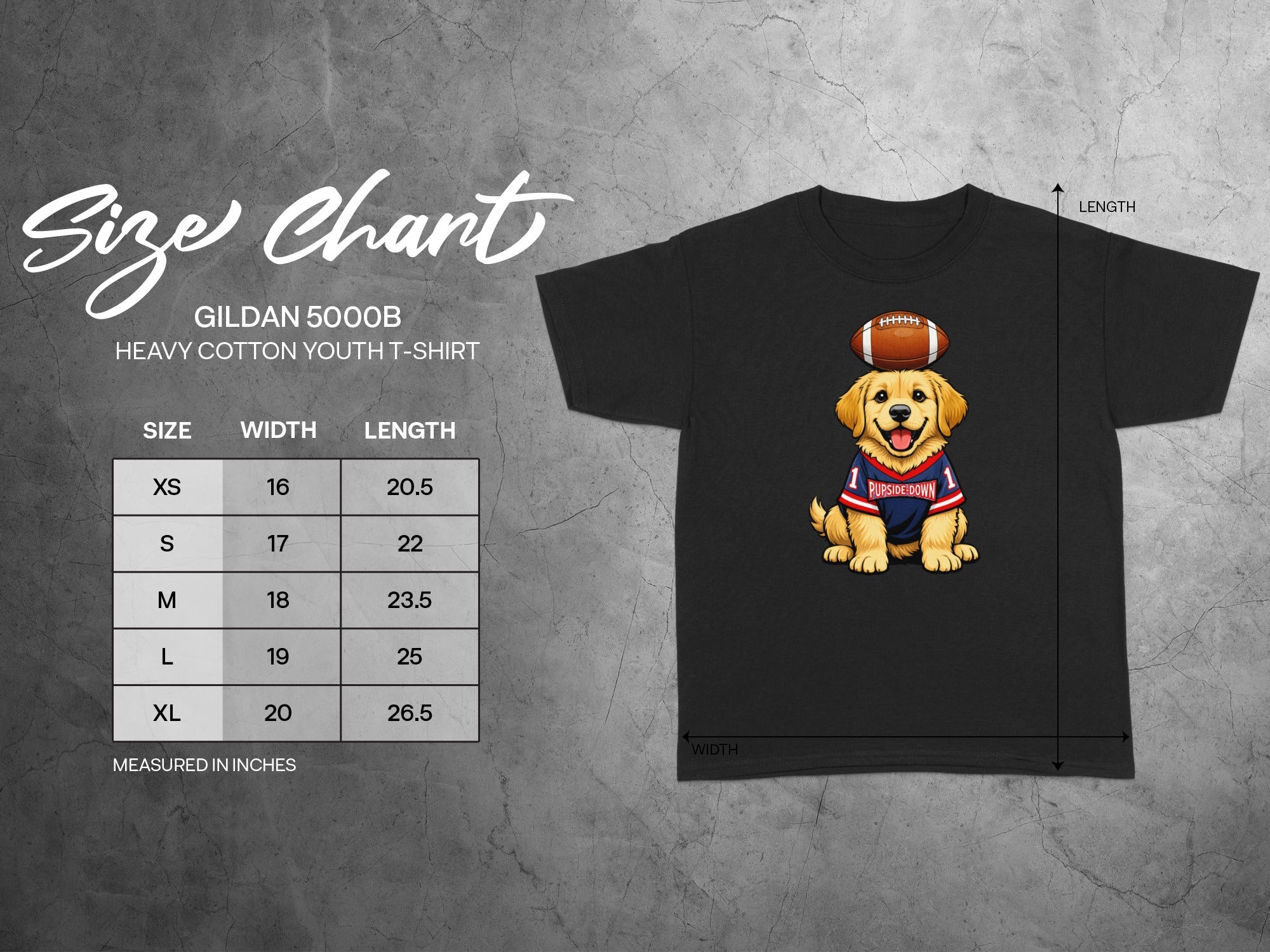 Gildan 5000B youth t-shirt size chart with a golden retriever illustration.