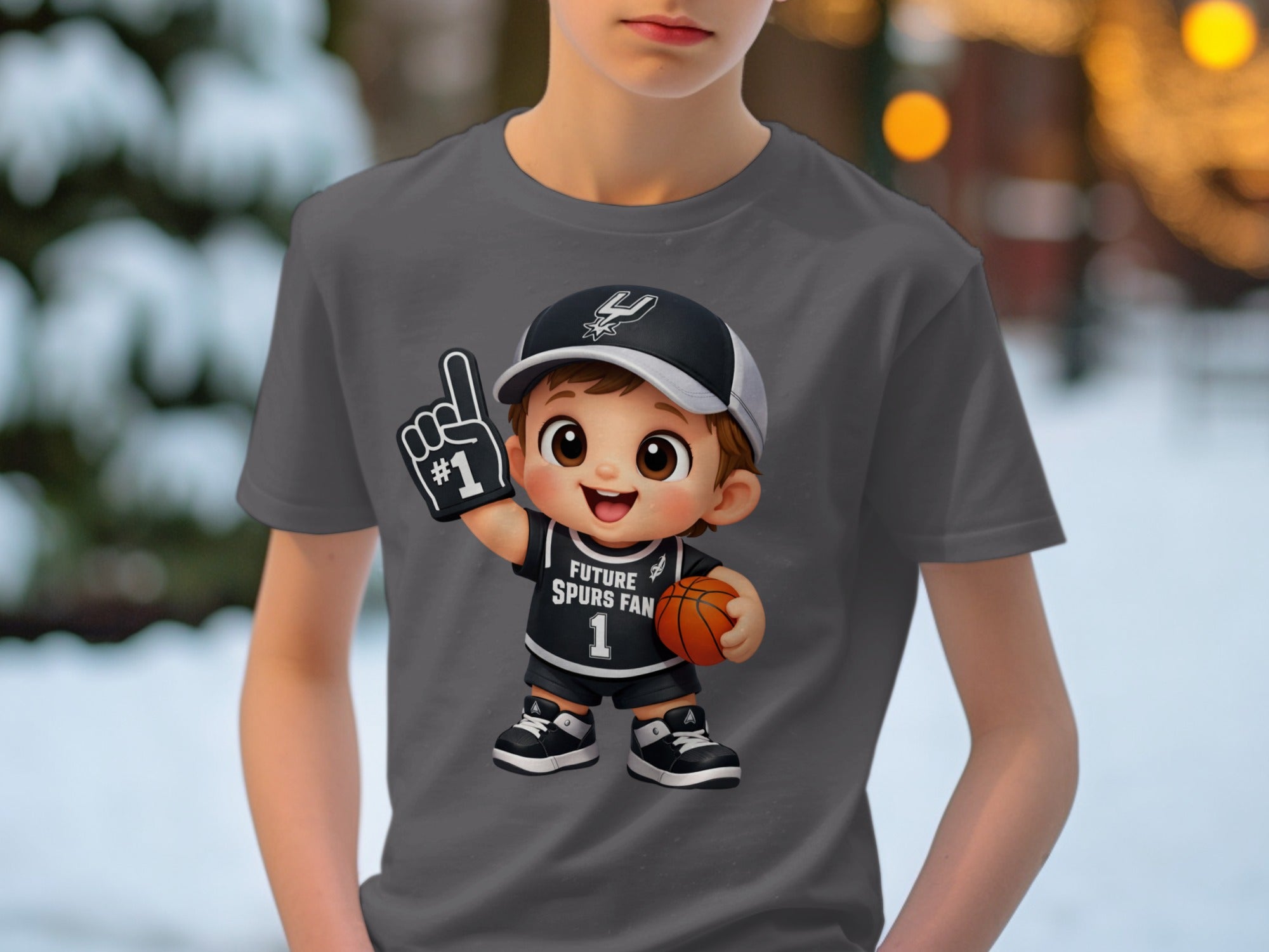 Cartoon character wearing a "Future Spurs Fan" shirt, holding a basketball.